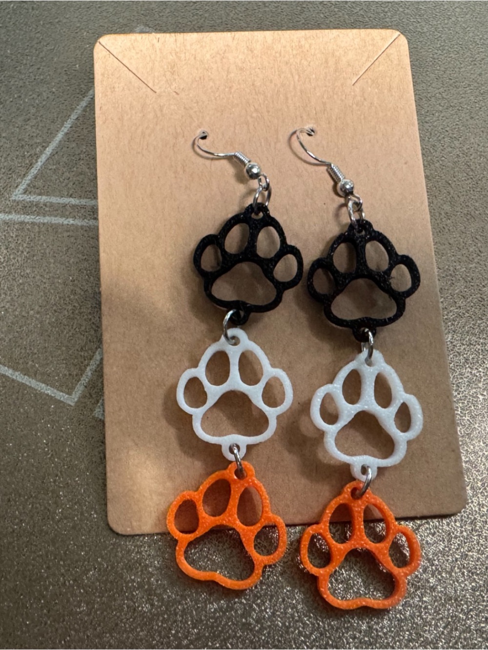 Triple Paw Dangle Earrings for Kids - Black White Orange